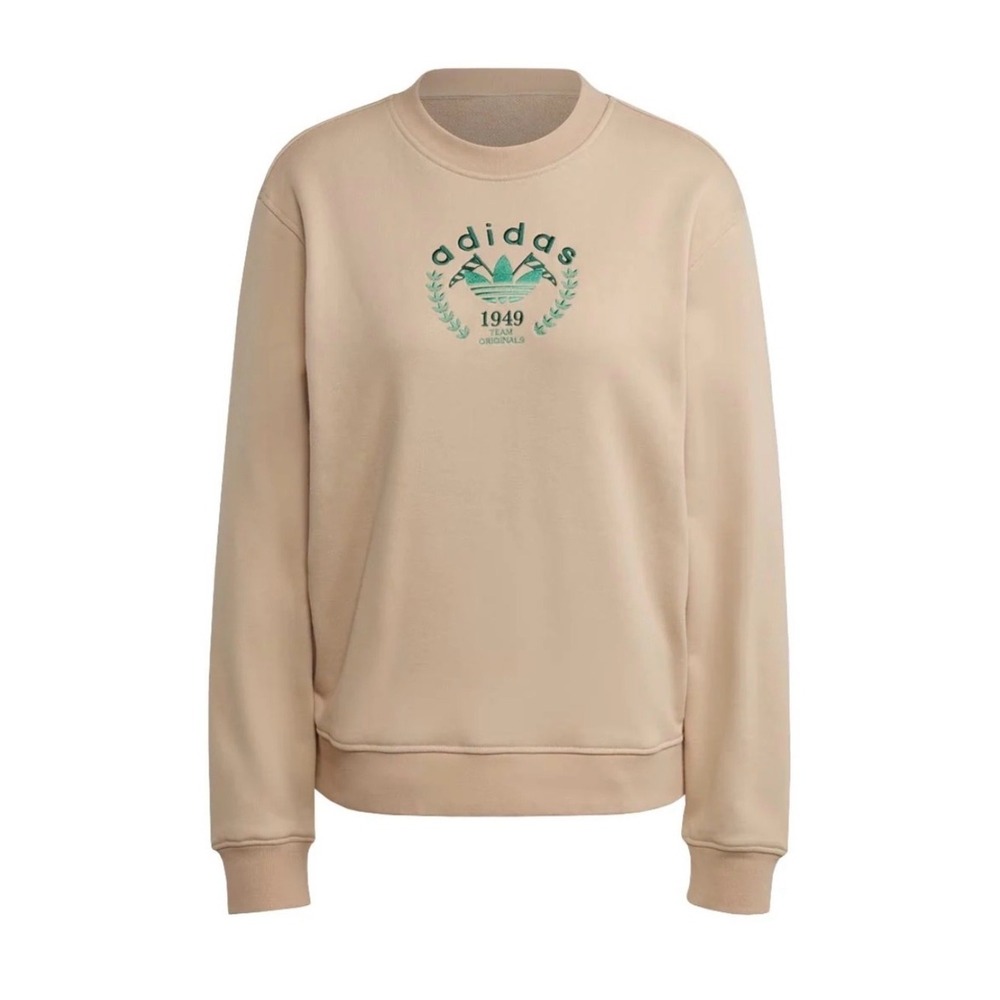 adidas Beige Crewneck Sweatshirt Green Trefoil Crest Small streetwear golf prepp